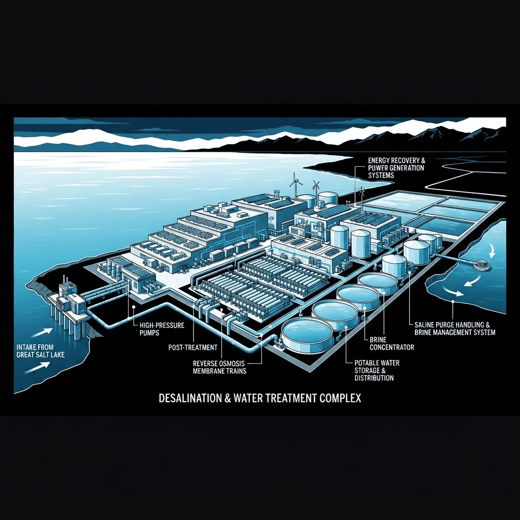 Concept illustration of a large-scale desalination and treatment plant at the Great Salt Lake