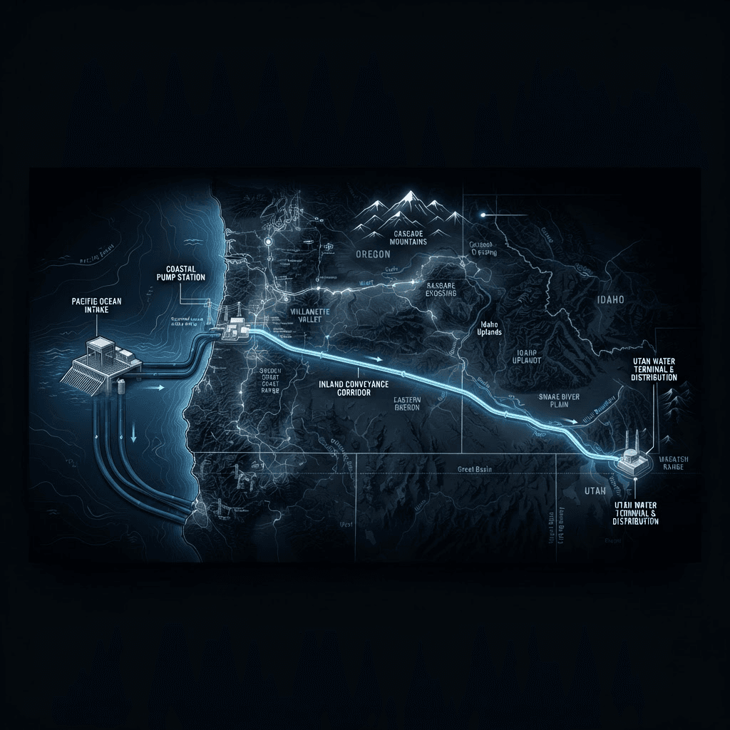 Concept illustration of a Pacific Coast seawater intake and inland conveyance corridor
